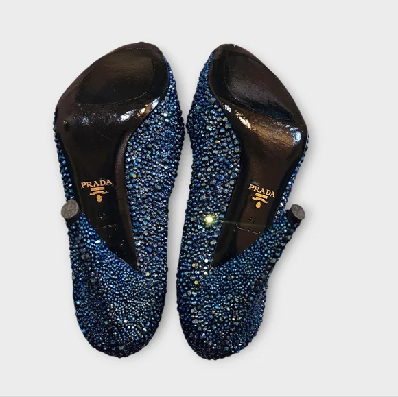 Prada Dark Blue Custom Crystal Tapered Heel Pumps - Picture 12 of 13